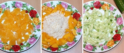 Салат с курицей, финиками, персиками, апельсином, рисом и огурцом (рецепт-4)